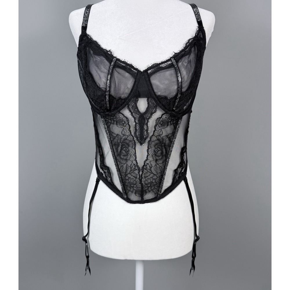 Victoria's Secret Very Sexy Sheer Shine Rose Lace Corset Garter Black S-DD NWT